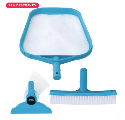 Kit de Limpieza de Piscinas Básico INTEX con Recoge Hojas, Cepillo y Cabezal