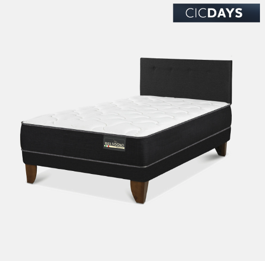 Cama Europea Belsogno 2 Plazas Plus Black con Base Normal y Respaldo Black